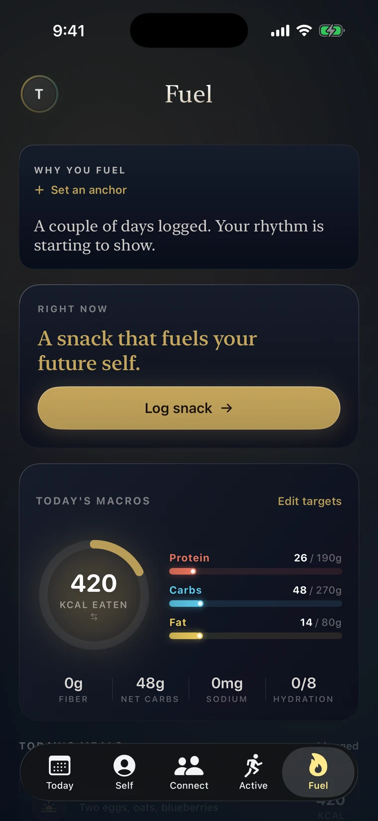 The Fuel tab showing a 420 calorie snack with protein, carbs and fat macro bars.