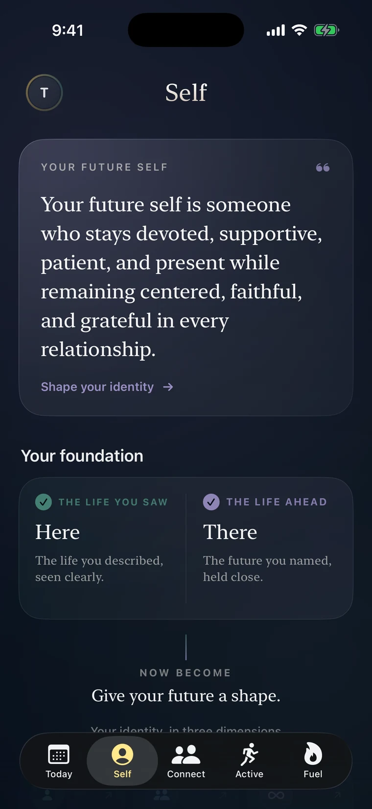 The Self tab describing a future self who stays devoted, supportive, patient and present, with a Here and There foundation.