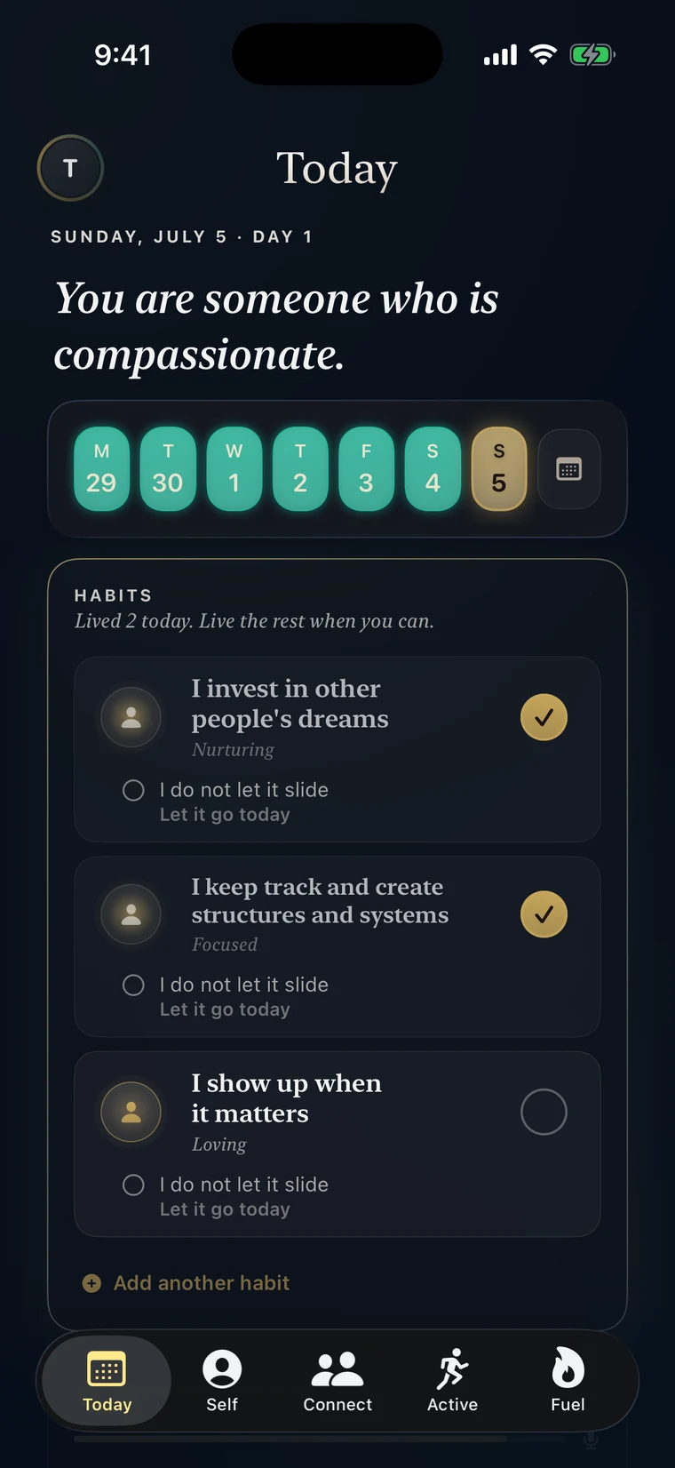 A Today tab concept showing a selected day, week strip, and completed daily items.