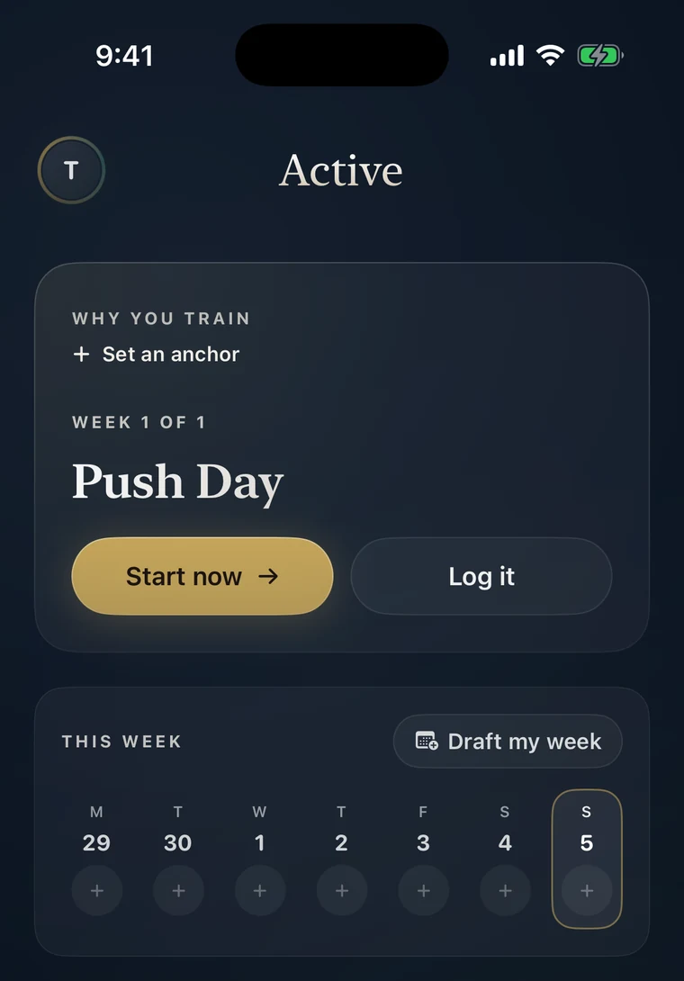 Active tab: a Push Day card with a gold Start now button and a Log it button, above a This Week day strip.